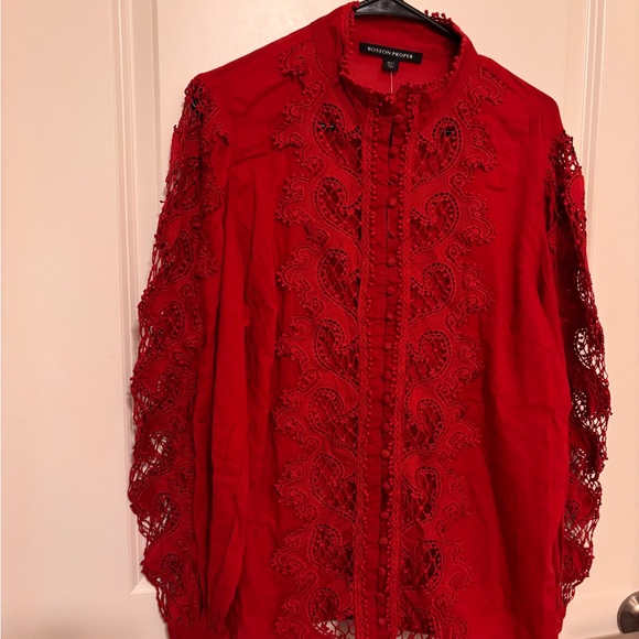 Boston Proper Womens Drama Sleeve Shirt Sz L Mock Neck Button Front Texture Lace - Picture 3 of 16